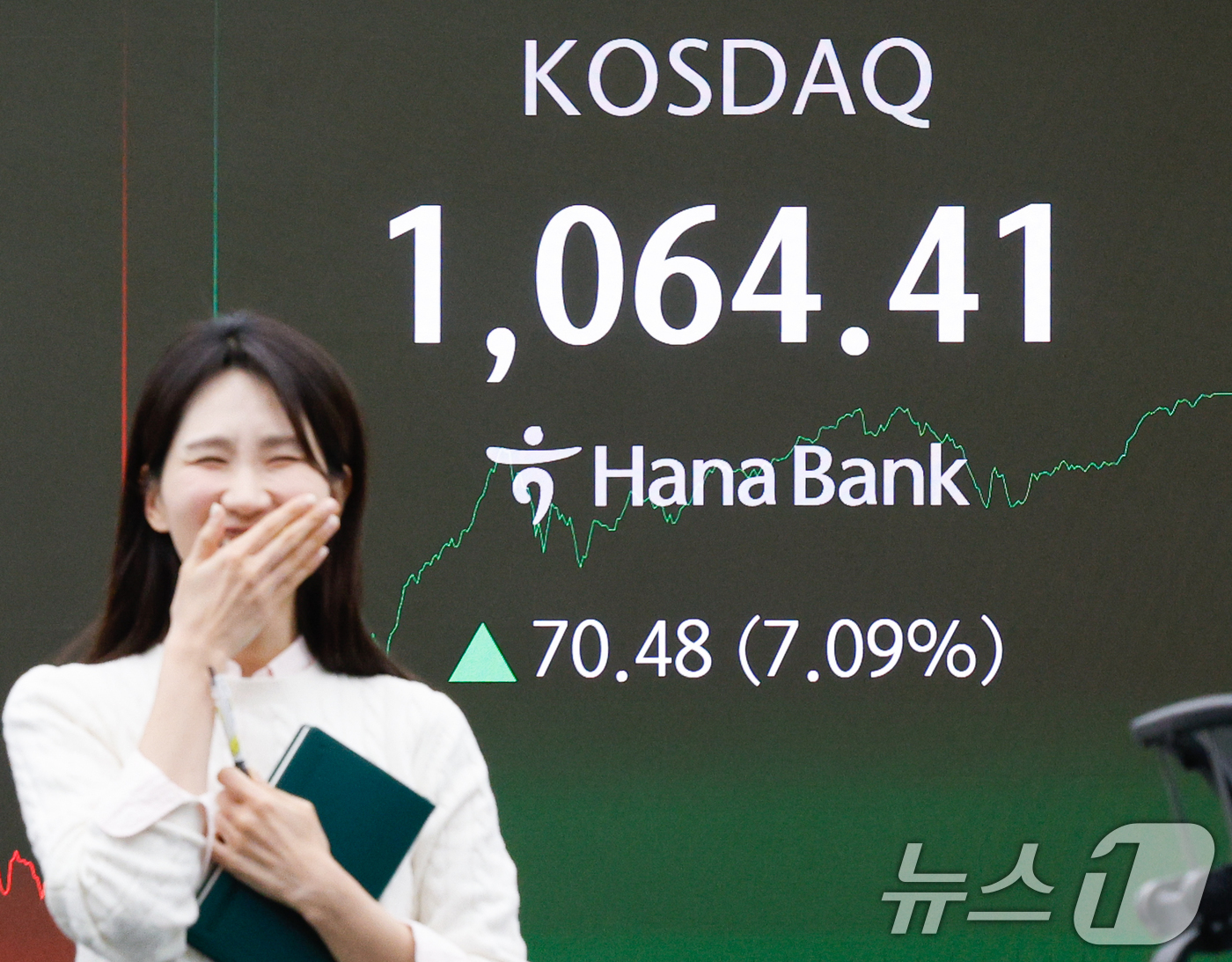 (서울=뉴스1) 안은나 기자 = 코스닥 지수가 장중 7% 넘게 급등하며 닷컴버블 이후 사상 최고치를 돌파한 26일 오후 서울 중구 하나은행 딜링룸 전광판에 코스닥 종가가 나오고 있 …