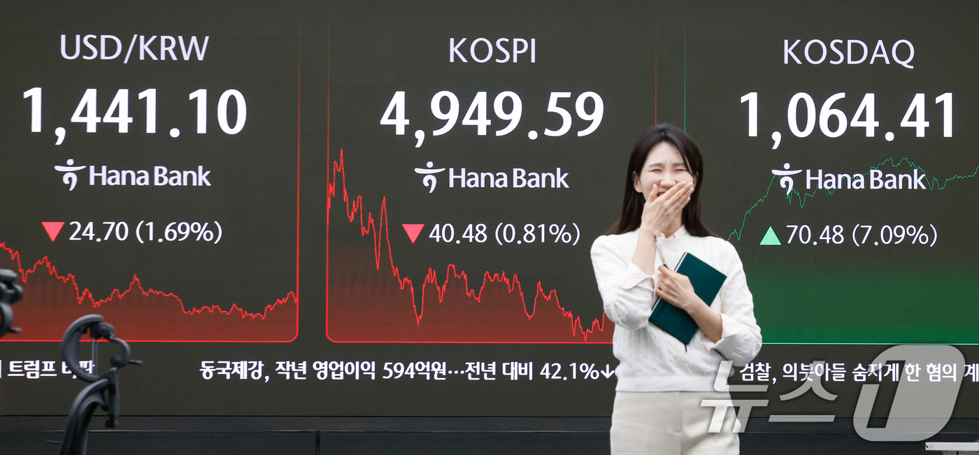 (서울=뉴스1) 안은나 기자 = 코스닥 지수가 장중 7% 넘게 급등하며 닷컴버블 이후 사상 최고치를 돌파한 26일 오후 서울 중구 하나은행 딜링룸 전광판에 코스피, 코스닥, 달러 …