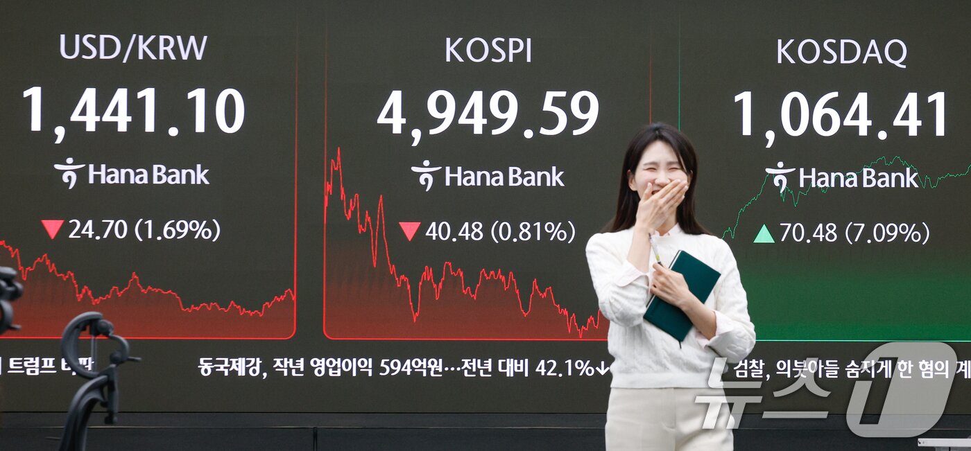 본문 이미지 - 26일 오후 서울 중구 하나은행 딜링룸 전광판에 코스피, 코스닥, 달러 원 환율 종가가 나오고 있다. 2026.1.26/뉴스1 ⓒ News1 안은나 기자
