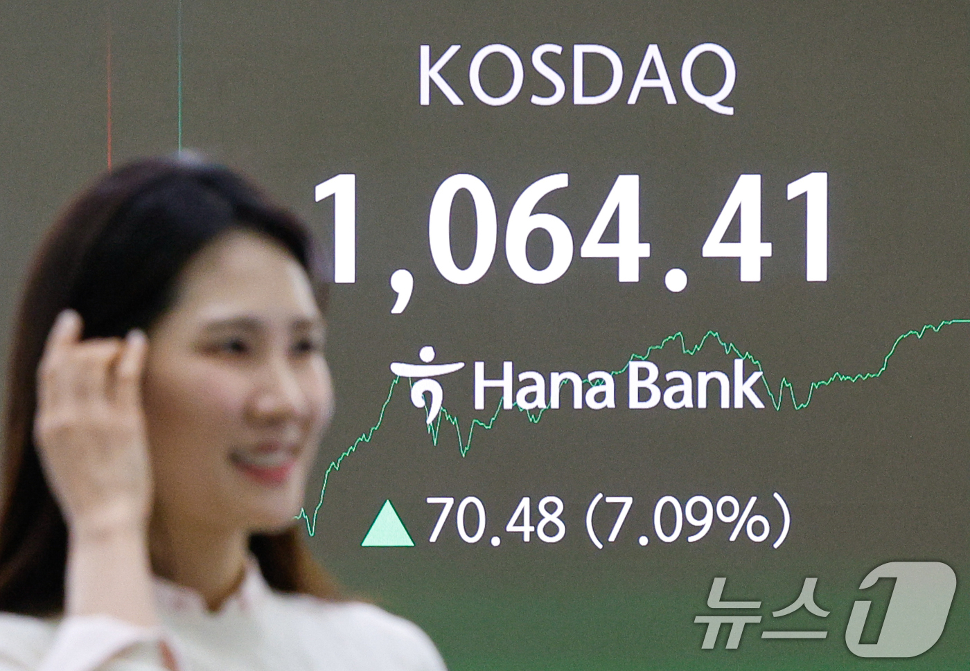 (서울=뉴스1) 안은나 기자 = 코스닥 지수가 장중 7% 넘게 급등하며 닷컴버블 이후 사상 최고치를 돌파한 26일 오후 서울 중구 하나은행 딜링룸 전광판에 코스닥 종가가 나오고 있 …