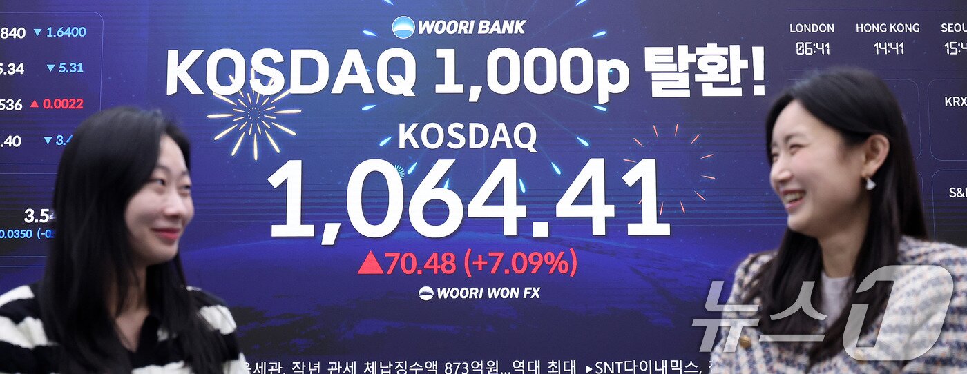 본문 이미지 - 26일 서울 중구 우리은행 본점 딜링룸 현황판에 코스닥 지수가 전 거래일보다 70.48포인트(7.09%) 오른 1,064.41을 나타나고 있다. 2026.1.26/뉴스1 ⓒ News1 박지혜 기자