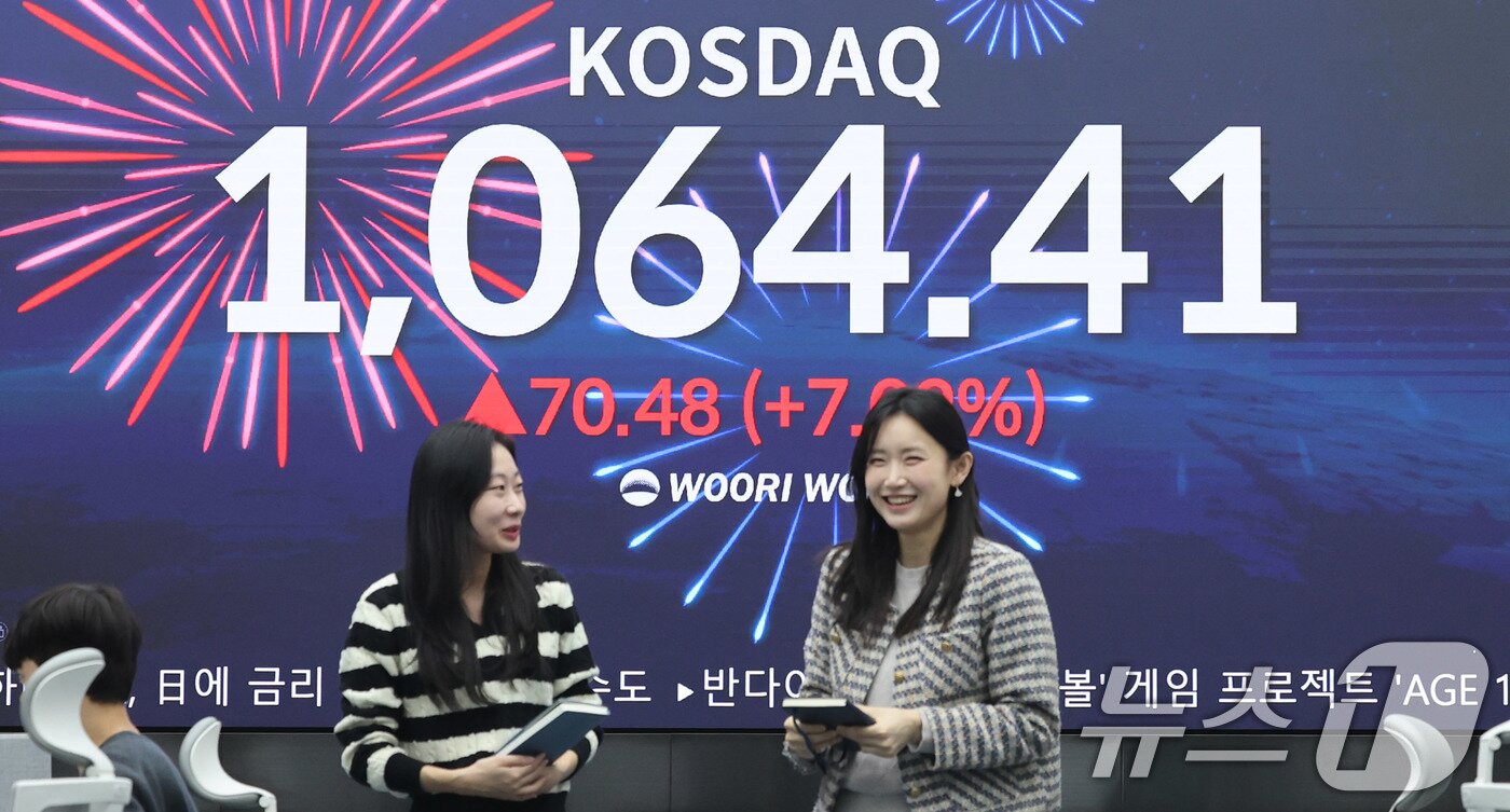 본문 이미지 - 코스닥 지수가 전장보다 70.48포인트(7.09%) 오른 1,064.41이 나타나고 있다. /뉴스1 ⓒ News