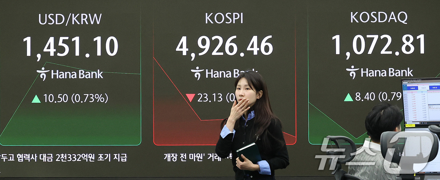 (서울=뉴스1) 박지혜 기자 = 코스피가 하락 출발한 27일 오전 서울 중구 하나은행 본점 딜링룸 현황판에 코스피 지수가 나타나고 있다.이날 장중 한 때 코스피 지수는 58.87p …