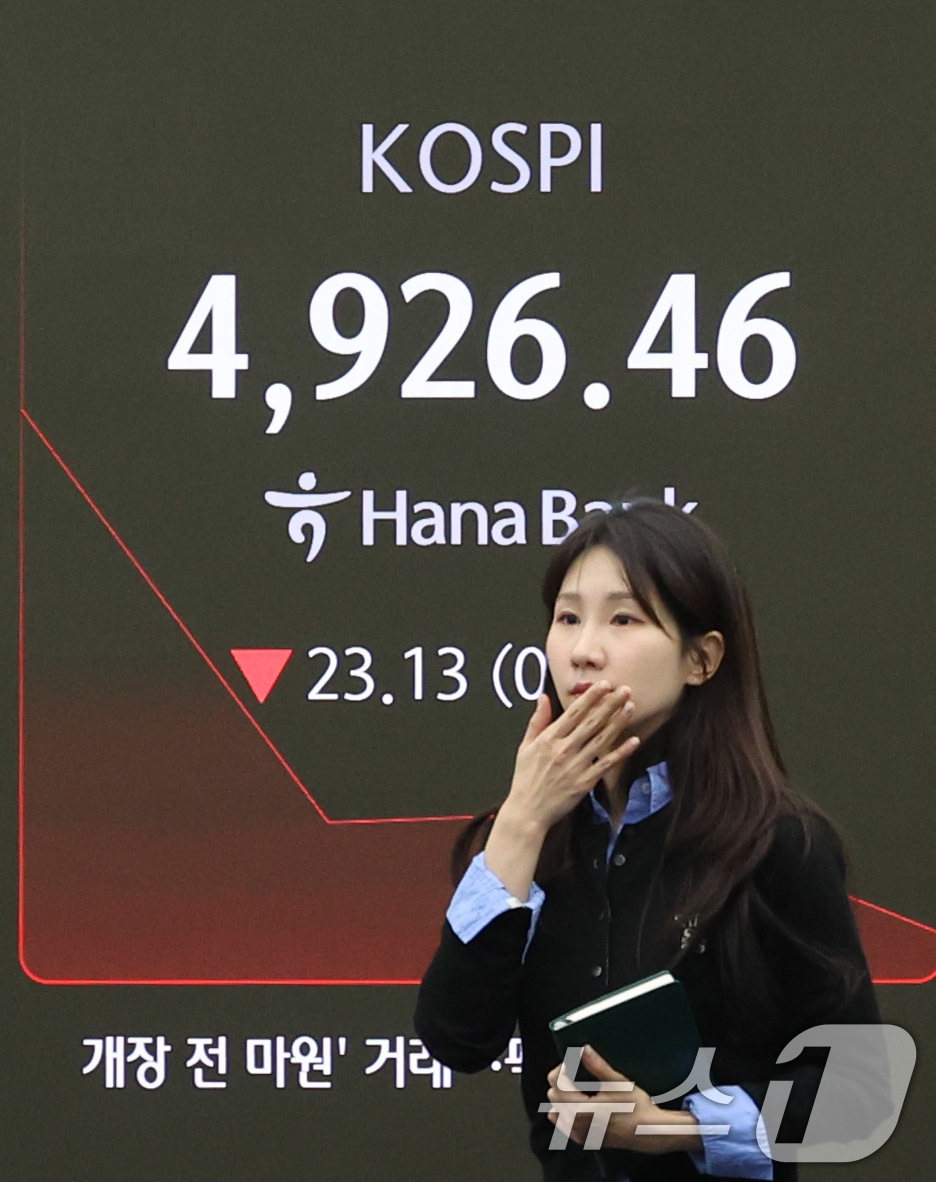 (서울=뉴스1) 박지혜 기자 = 코스피가 하락 출발한 27일 오전 서울 중구 하나은행 본점 딜링룸 현황판에 코스피 지수가 나타나고 있다.이날 장중 한 때 코스피 지수는 58.87p …