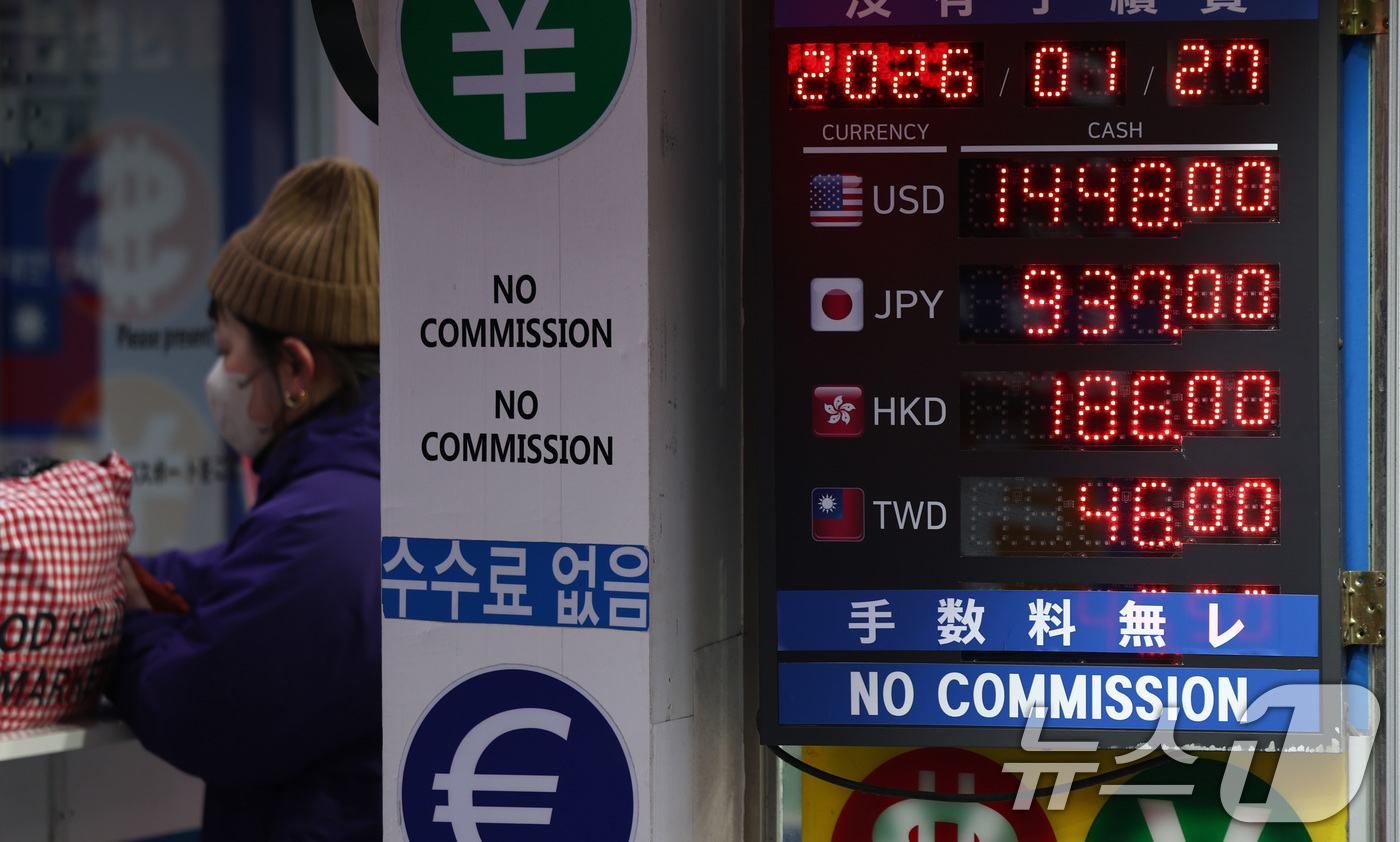 (서울=뉴스1) 최지환 기자 = 27일 서울 명동 환전소 전광판에 환율 시세가 게시되어 있다.최근 엔화 강세로 1440원대로 하락한 원·달러 환율이 트럼프 미국 대통령의 관세 발언 …