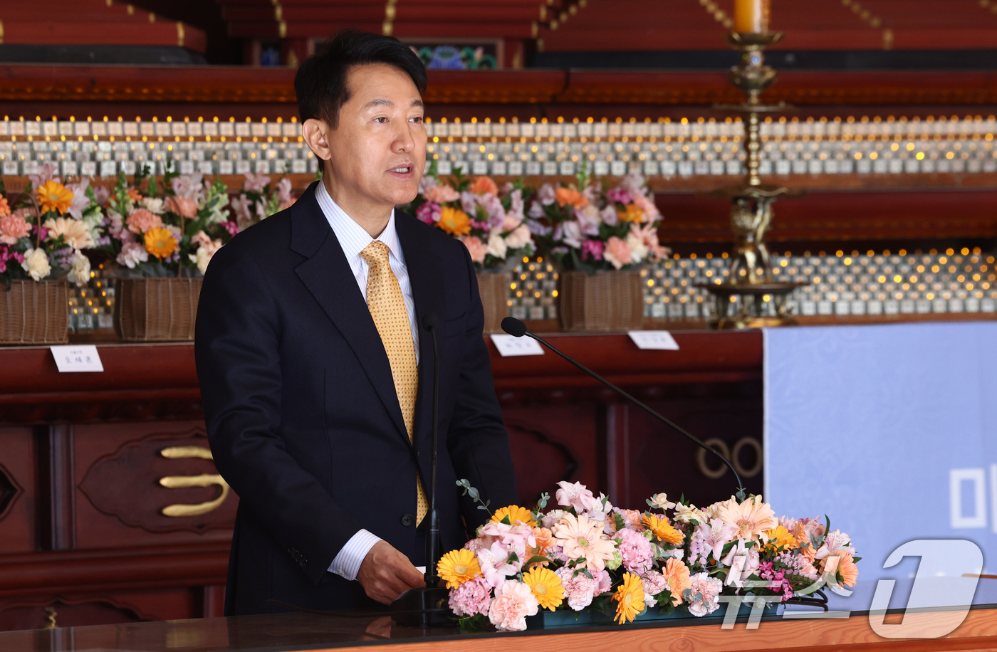 (서울=뉴스1) 최지환 기자 = 오세훈 서울시장이 27일 오후 서울 종로구 조계사에서 열린 한국불교지도자 신년하례법회에서 축사를 하고 있다. 2026.1.27/뉴스1