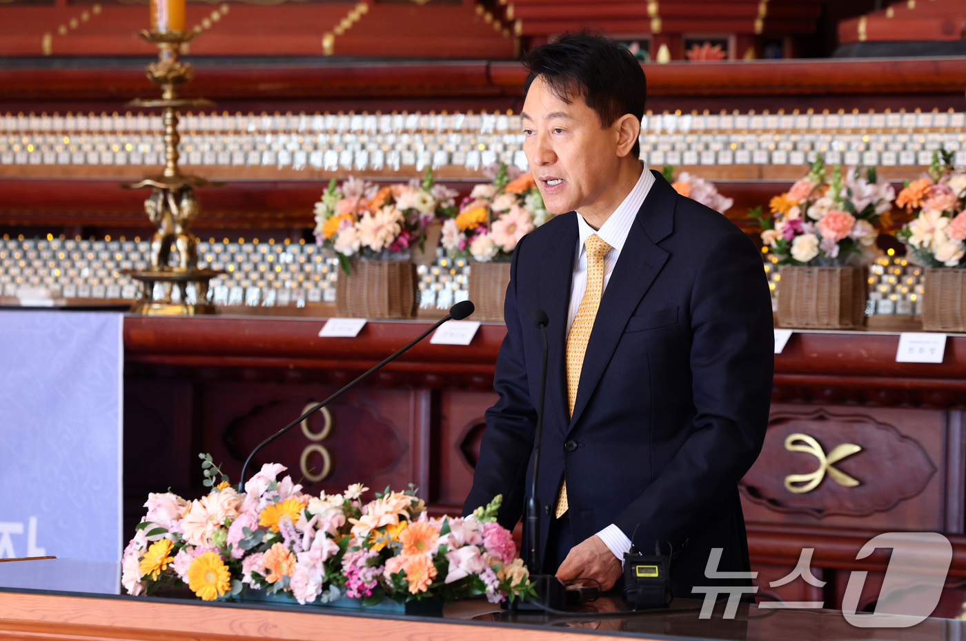 (서울=뉴스1) 최지환 기자 = 오세훈 서울시장이 27일 오후 서울 종로구 조계사에서 열린 한국불교지도자 신년하례법회에서 축사를 하고 있다. 2026.1.27/뉴스1