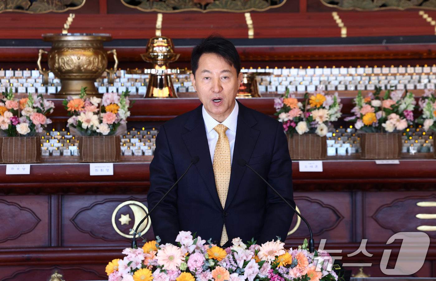 (서울=뉴스1) 최지환 기자 = 오세훈 서울시장이 27일 오후 서울 종로구 조계사에서 열린 한국불교지도자 신년하례법회에서 축사를 하고 있다. 2026.1.27/뉴스1