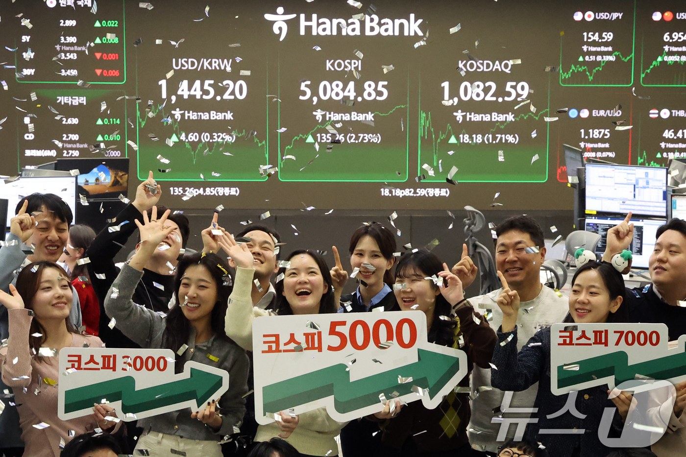 (서울=뉴스1) 황기선 기자 = 코스피가 종가 기준 사상 처음 5000선을 돌파한 27일 오후 서울 중구 하나은행 본점 딜링룸에서 직원들이 축하 세리머니를 하고 있다.이날 코스피지 …