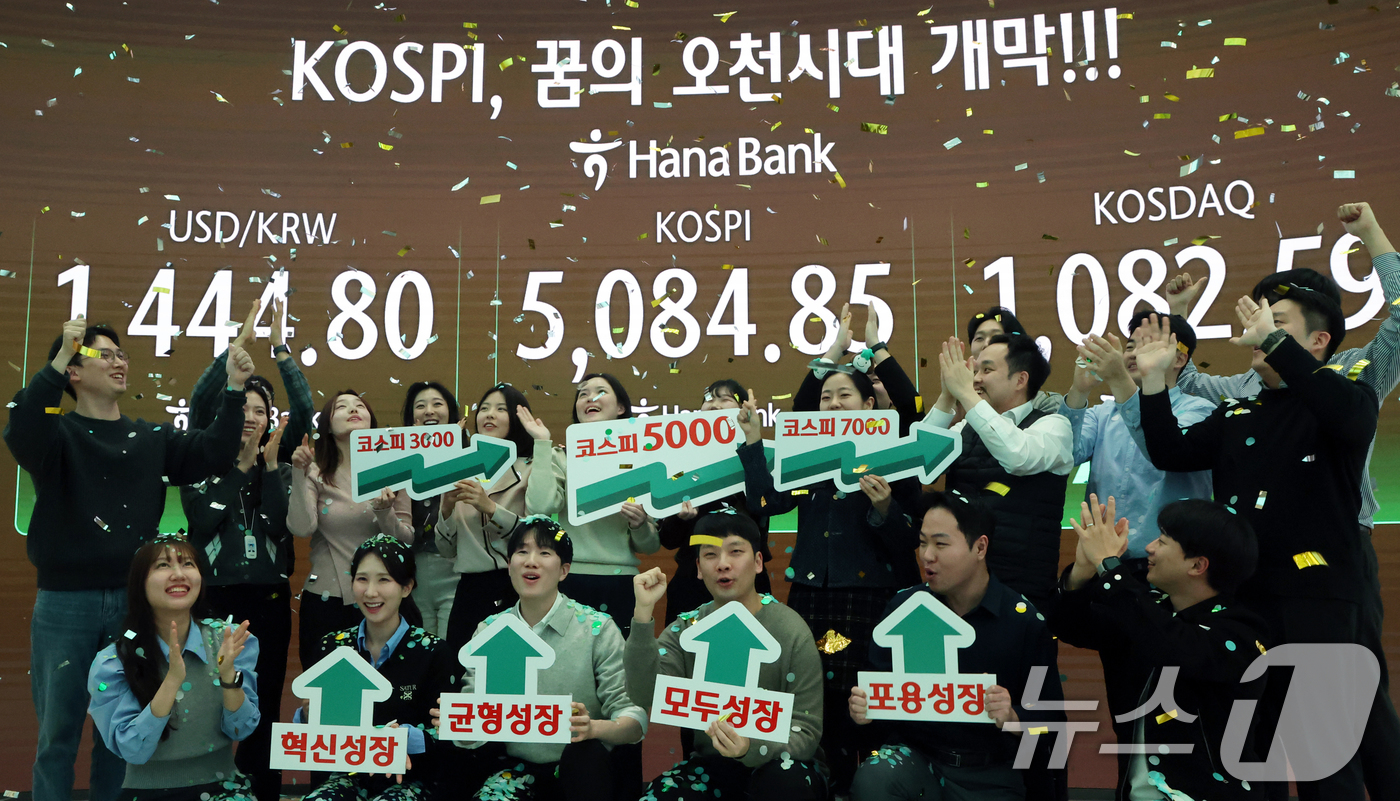 (서울=뉴스1) 황기선 기자 = 코스피가 종가 기준 사상 처음 5000선을 돌파한 27일 오후 서울 중구 하나은행 본점 딜링룸에서 직원들이 축하 세리머니를 하고 있다.이날 코스피지 …