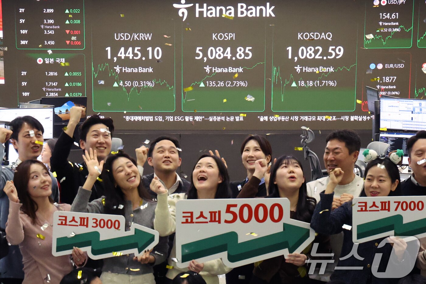 본문 이미지 - 코스피가 종가 기준 사상 처음 5000선을 돌파한 27일 오후 서울 중구 하나은행 본점 딜링룸에서 직원들이 축하 세리머니를 하고 있다.  2026.1.27/뉴스1 ⓒ News1 황기선 기자