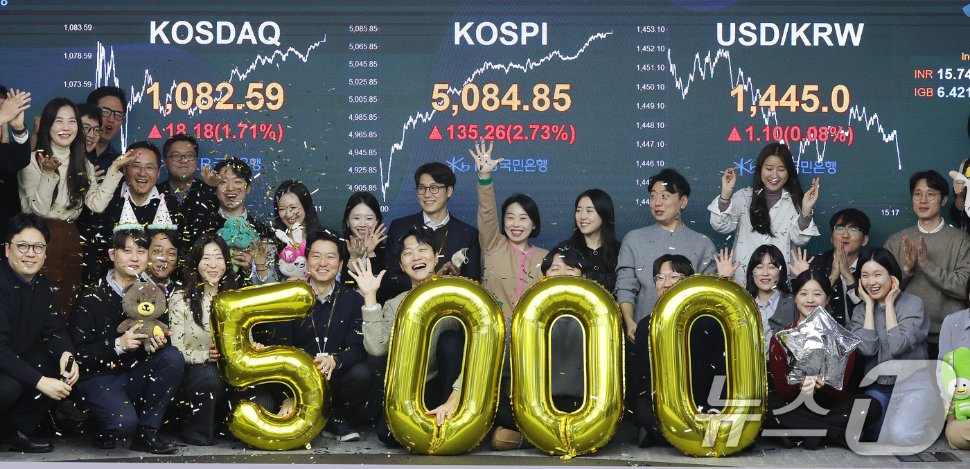 (서울=뉴스1) 박지혜 기자 = 코스피가 종가 기준 사상 처음 5000선을 돌파한 27일 오후 서울 영등포구 KB국민은행 딜링룸에서 직원들이 축하 세리머니를 하고 있다.이날 코스피 …