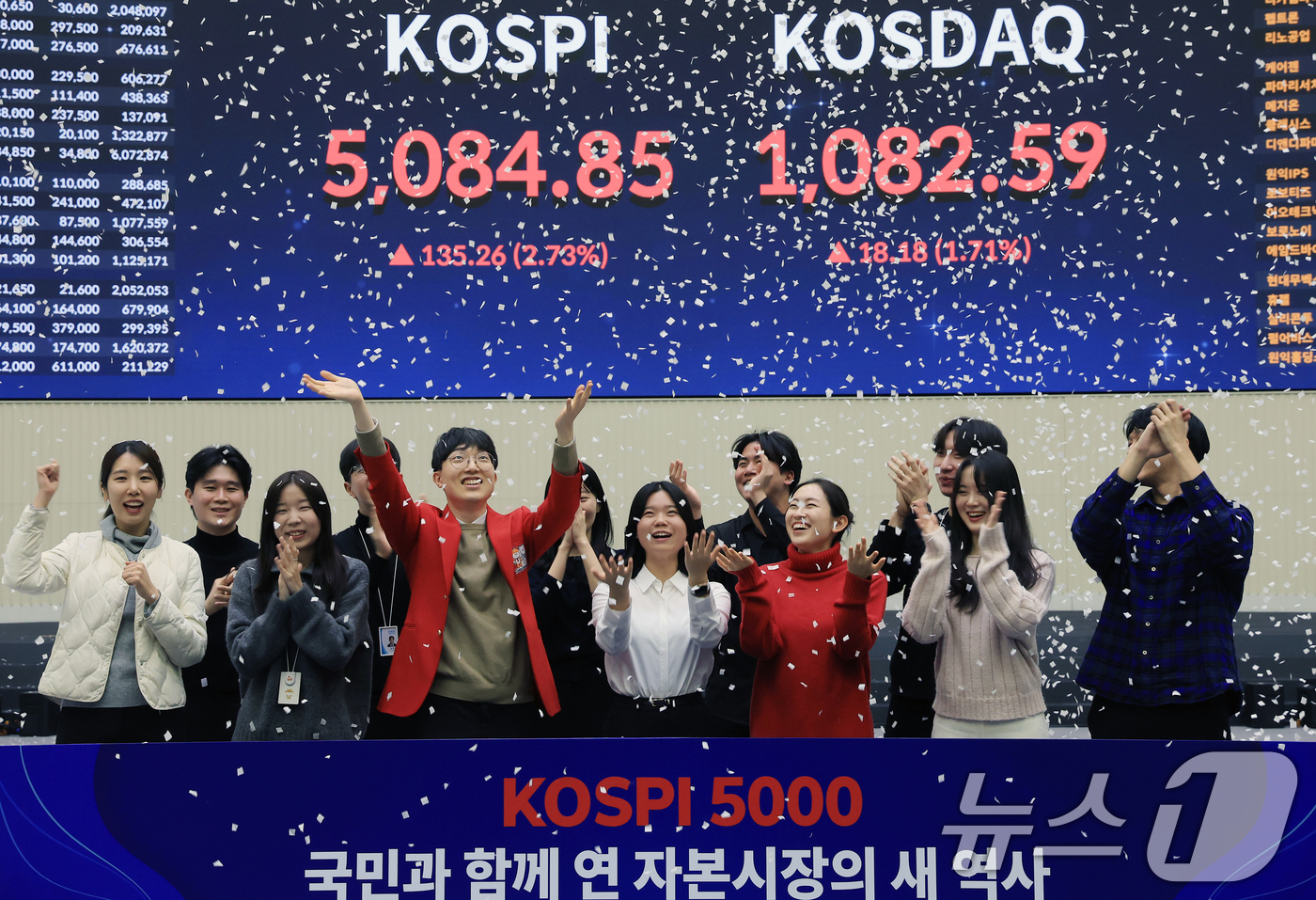 (서울=뉴스1) 이호윤 기자 = 한국 증시 최초로 종가 기준 코스피 5000을 달성한 27일 서울 영등포구 한국거래소에서 직원들이 코스피 종가가 표시된 전광판을 배경으로 세레머니를 …