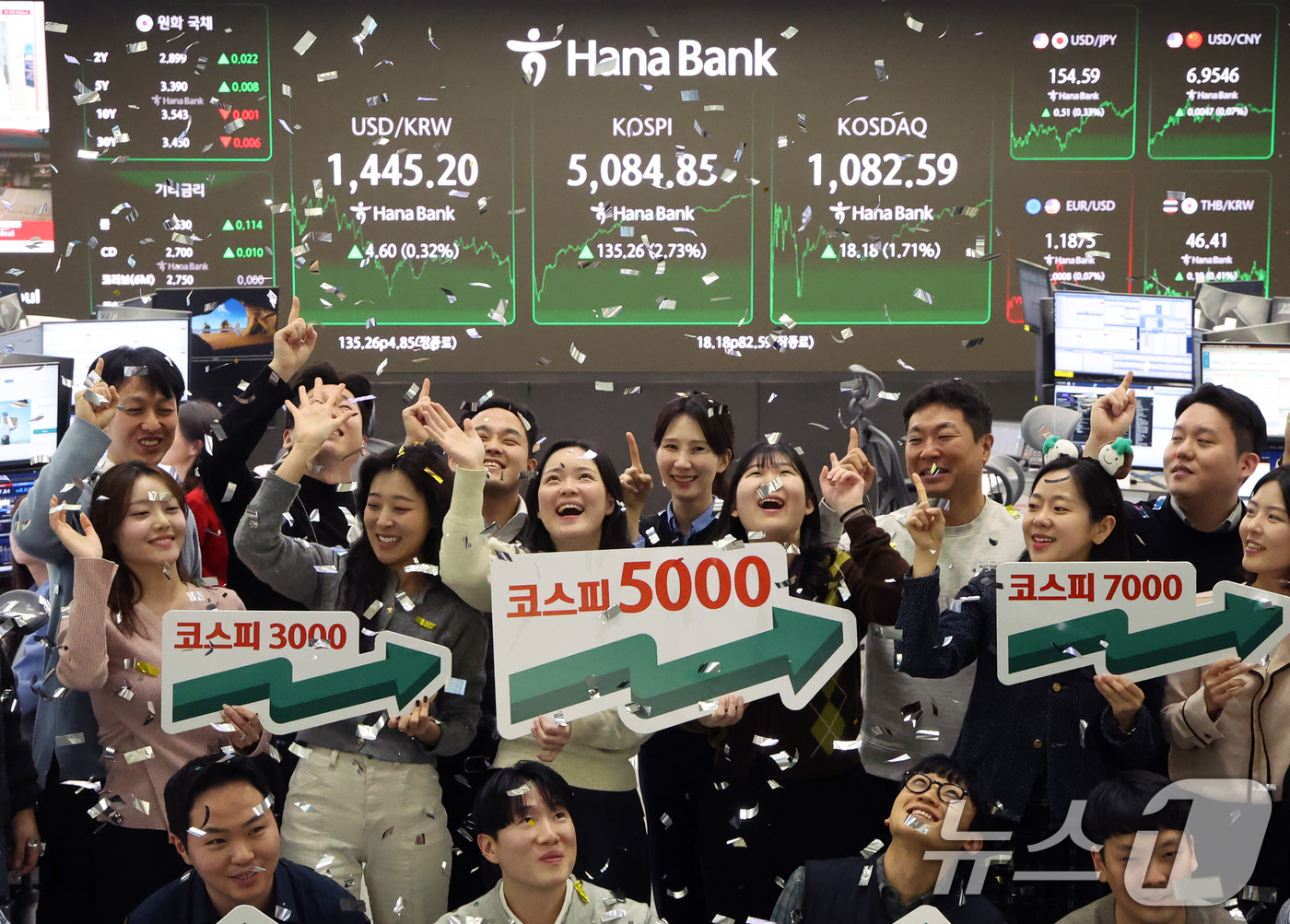 (서울=뉴스1) 황기선 기자 = 코스피가 종가 기준 사상 처음 5000선을 돌파한 27일 오후 서울 중구 하나은행 본점 딜링룸에서 직원들이 축하 세리머니를 하고 있다.이날 코스피지 …