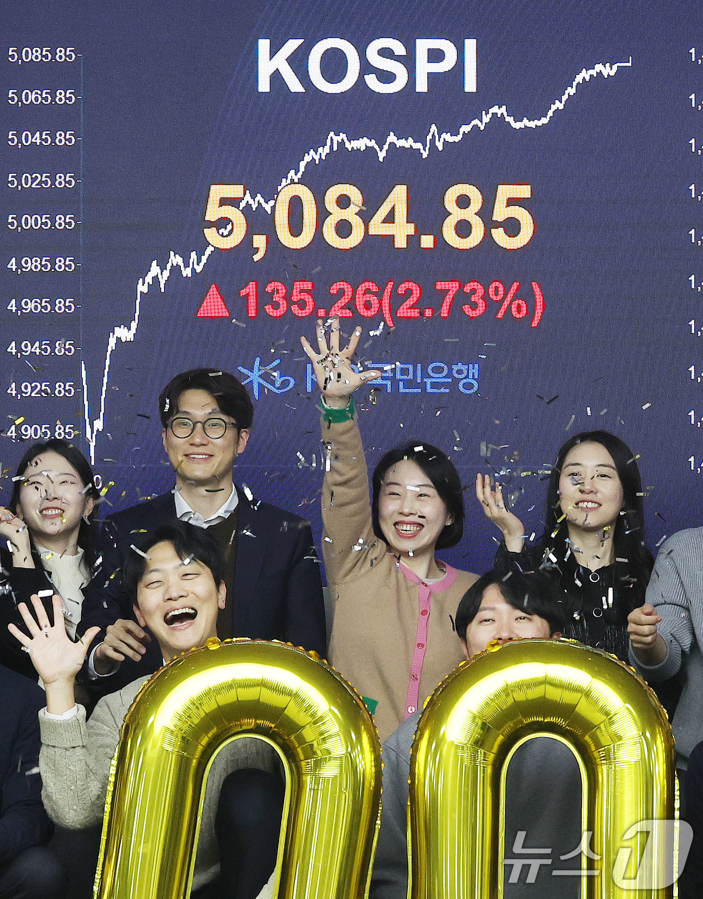 (서울=뉴스1) 박지혜 기자 = 코스피가 종가 기준 사상 처음 5000선을 돌파한 27일 오후 서울 영등포구 KB국민은행 딜링룸에서 직원들이 축하 세리머니를 하고 있다.이날 코스피 …