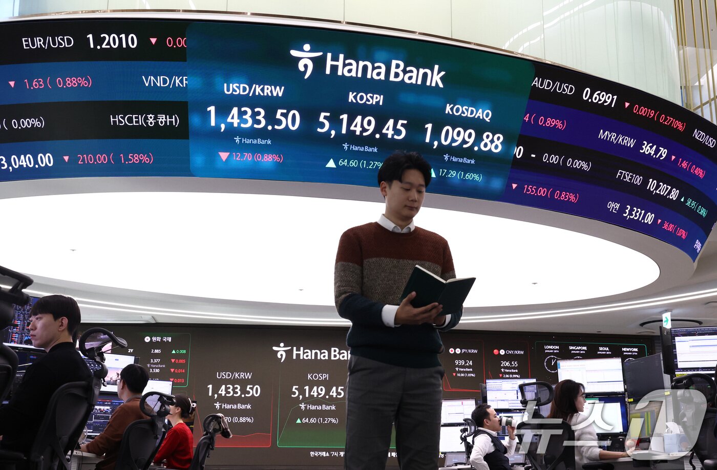 본문 이미지 - 28일 오전 서울 중구 하나은행 본점 딜링룸 전광판에 증시 현황이 표시되어 있다. 2026.1.28/뉴스1 ⓒ News1 최지환 기자