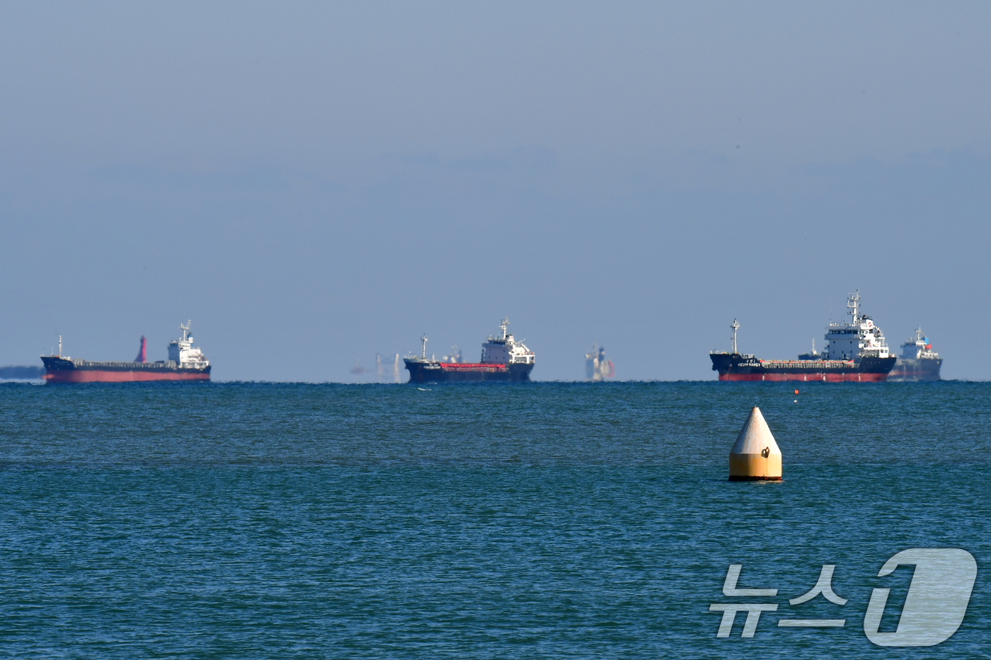 (포항=뉴스1) 최창호 기자 = 28일 경북 포항시 남구 송도해수욕장 앞 바다에 포스코 포항제철소에서 생산된 철강제품을 운송할 화물선들이 정박해 있다.  2026.1.28/뉴스1