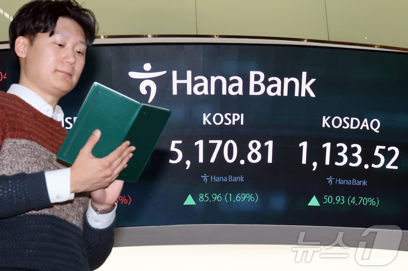 (서울=뉴스1) 김진환 기자 = 28일 오후 서울 중구 하나은행 딜링룸 전광판에 코스피지수 증시 종가 시황이 나타나고 있다. 이날 코스피 지수는 전거래일 대비 85.96(1.69% …