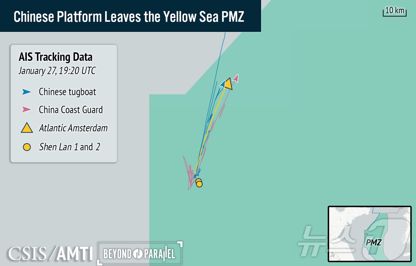 본문 이미지 - 중국이 서해 한중 잠정조치수역(PMZ)에 설치한 해상 관리 플랫폼 '애틀랜틱 암스테르담'의 이동 경로. 한국시간 28일  오전 4시20분 기준 해당 구조물 PMZ 경계선으로부터 약 8해리(15km)까지 근접했으며, 이후 선박자동식별시스템(AIS) 신호가 끊겼다고 미 싱크탱크 전략국제문제연구소(CSIS)는 밝혔다.(CSIS 홈페이지, 재판매 및 DB금지) ⓒ News1 류정민 특파원