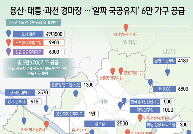 [오늘의 그래픽] 용산·태릉·과천 경마장 …'알짜 국공유지' 6만 가구 공급
