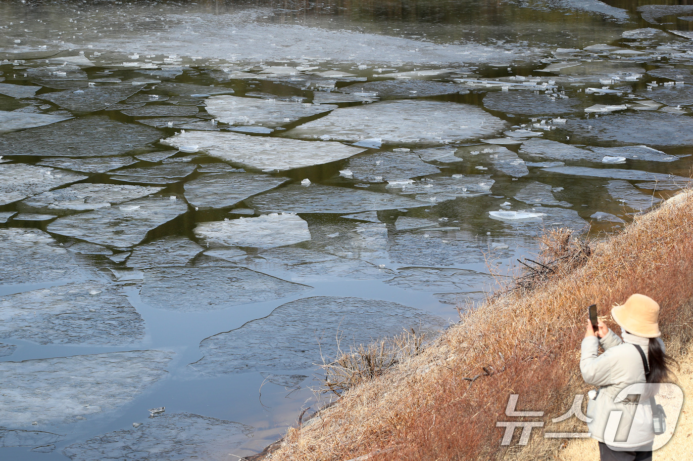 (구미=뉴스1) 공정식 기자 = 29일 경북 구미시 신동 학서지 생태공원에 얼음이 녹아 곳곳이 갈라져 있다.소방 당국은 일교차 큰 날씨가 이어지고 있지만, 낮 기온은 영상으로 오르 …
