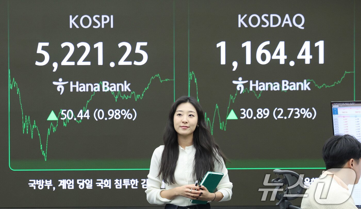 본문 이미지 - 코스피가 종가 기준 사상 최고치를 경신한 29일 서울 중구 하나은행 본점 딜링룸 시황 전광판 앞에서 직원들이 분주하게 움직이고 있다.  2026.1.29/뉴스1 ⓒ News1 박지혜 기자