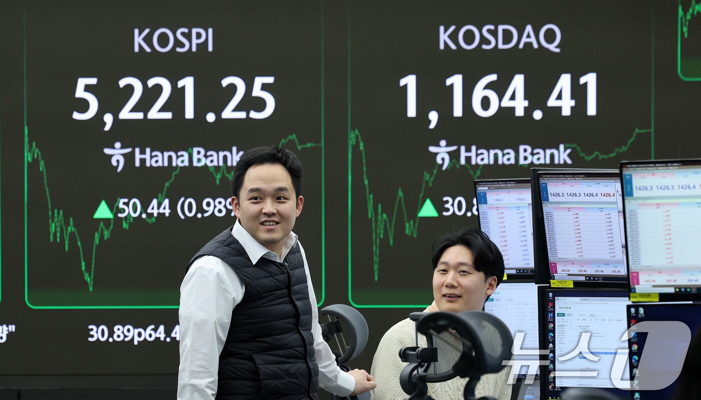 본문 이미지 - 코스피가 종가 기준 사상 최고치를 경신한 29일 서울 중구 하나은행 본점 딜링룸 시황 전광판 앞에서 직원들이 분주하게 움직이고 있다.  2026.1.29/뉴스1 ⓒ News1 박지혜 기자