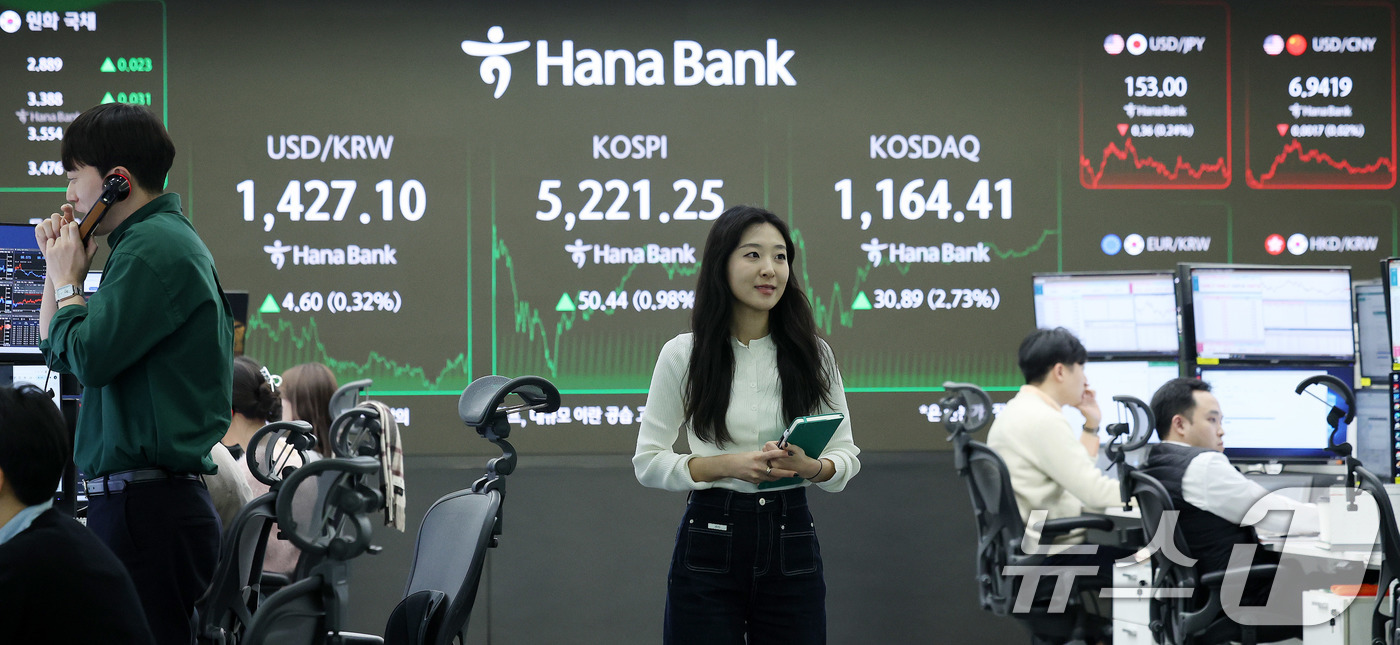 (서울=뉴스1) 박지혜 기자 = 코스피가 종가 기준 사상 최고치를 경신한 29일 서울 중구 하나은행 본점 딜링룸 시황 전광판 앞에서 직원들이 분주하게 움직이고 있다.이날 코스피는 …