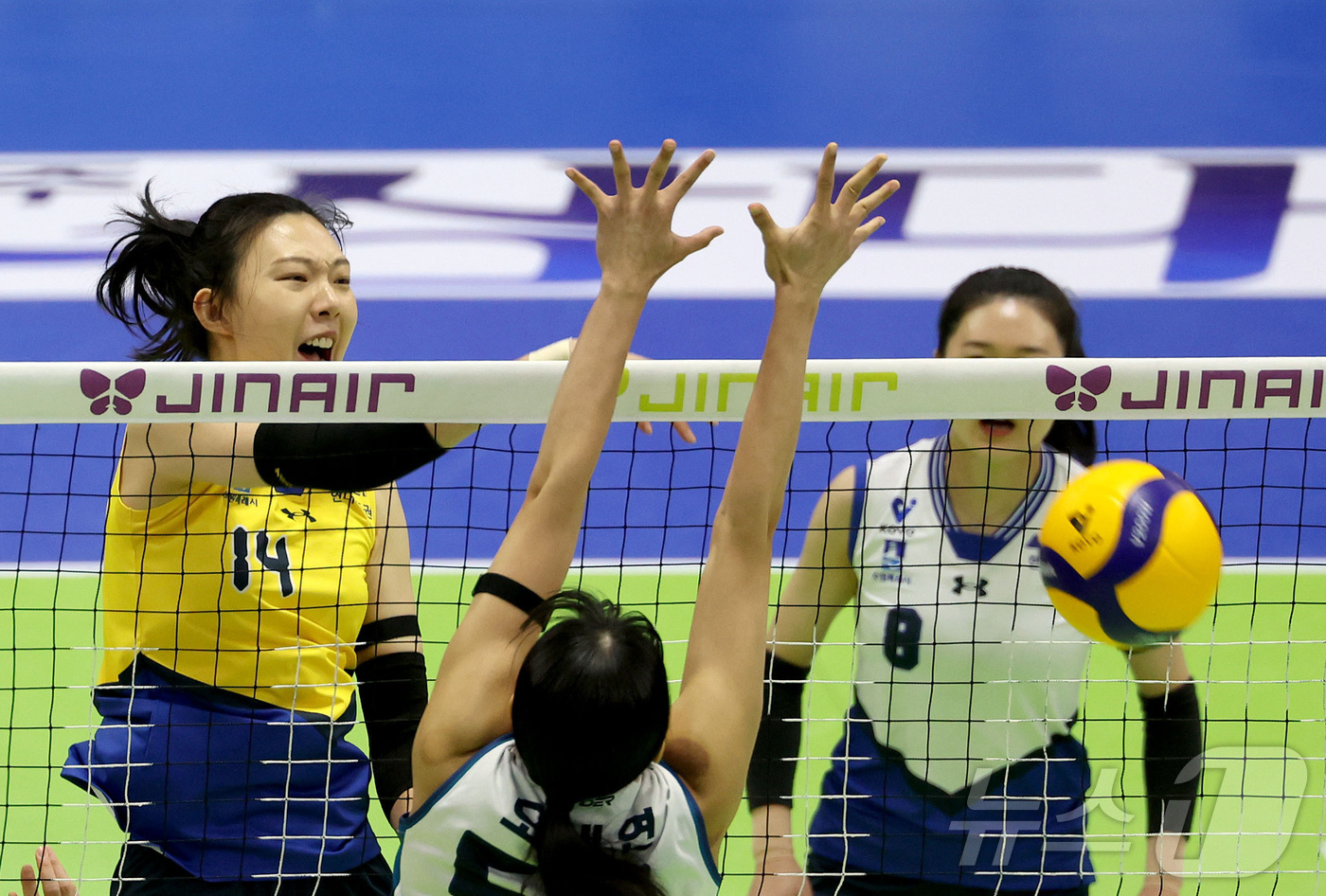 (서울=뉴스1) = 현대건설 양효진이 3일 수원실내체육관에서 열린 진에어 2025-26 V-리그 프로배구대회 현대건설과 GS칼텍스와의 경기에서 공격을 시도하고 있다. (현대건설 배 …