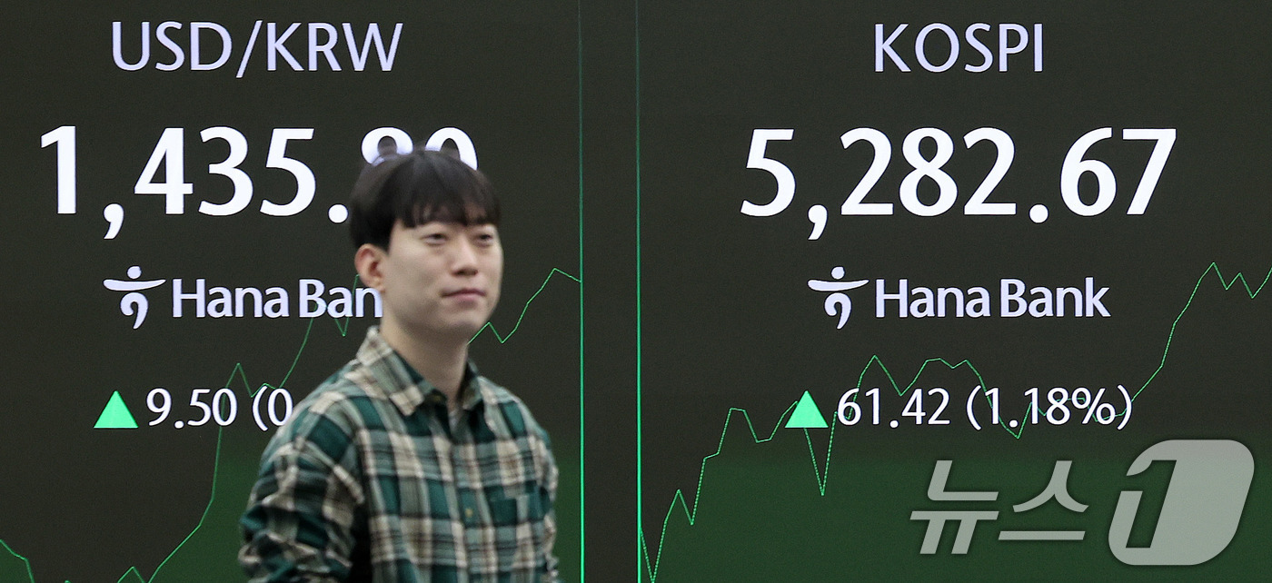 (서울=뉴스1) 박지혜 기자 = 30일 오전 서울 중구 하나은행 본점 딜링룸 전광판에 장초반 시황이 나타나고 있다. 2026.1.30/뉴스1