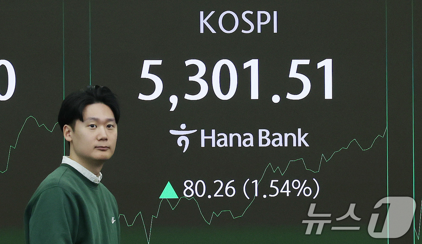 (서울=뉴스1) 박지혜 기자 = 30일 오전 서울 중구 하나은행 본점 딜링룸 전광판에 장초반 시황이 나타나고 있다. 2026.1.30/뉴스1