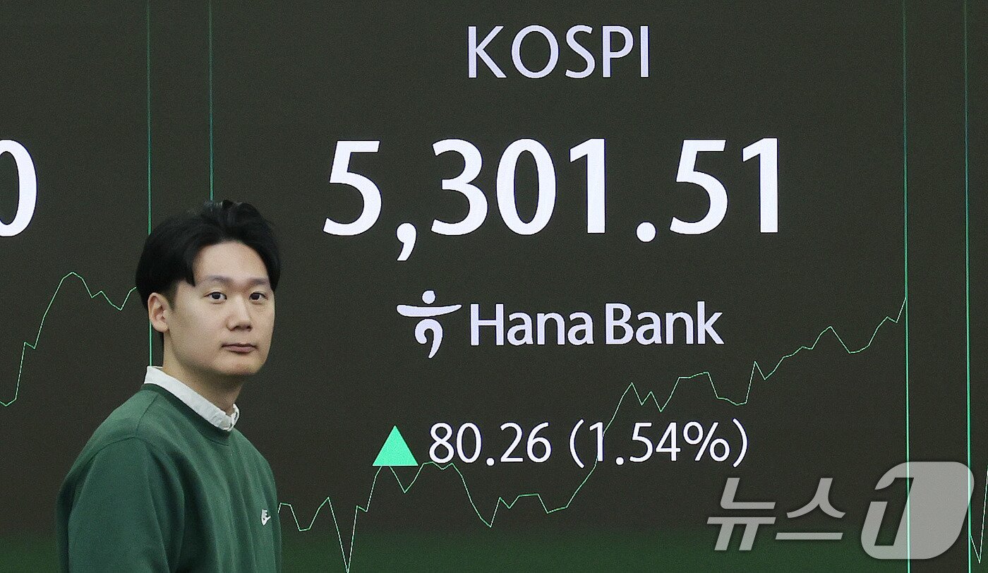 본문 이미지 - 30일 오전 서울 중구 하나은행 본점 딜링룸 전광판에 장초반 시황이 나타나고 있다. 2026.1.30/뉴스1 ⓒ News1 박지혜 기자
