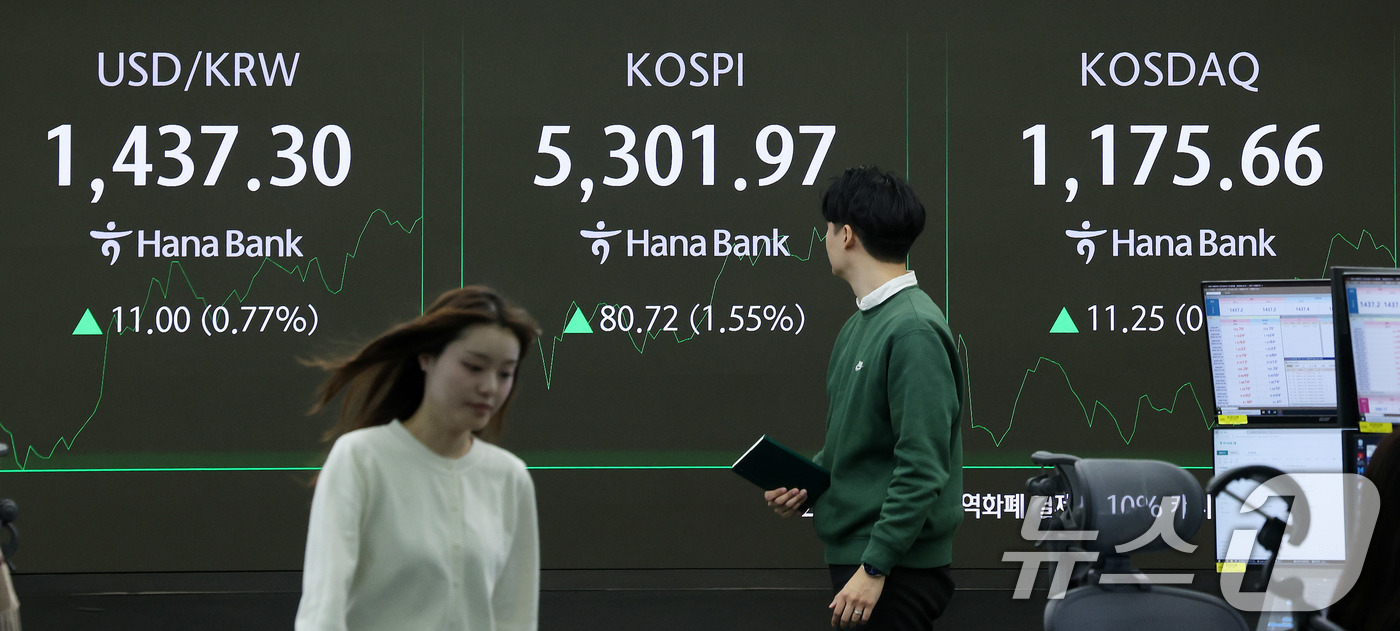 (서울=뉴스1) 박지혜 기자 = 코스피가 장중 5300선을 돌파한 30일 오전 서울 중구 하나은행 본점 딜링룸 전광판에 장초반 시황이 나타나고 있다. 2026.1.30/뉴스1