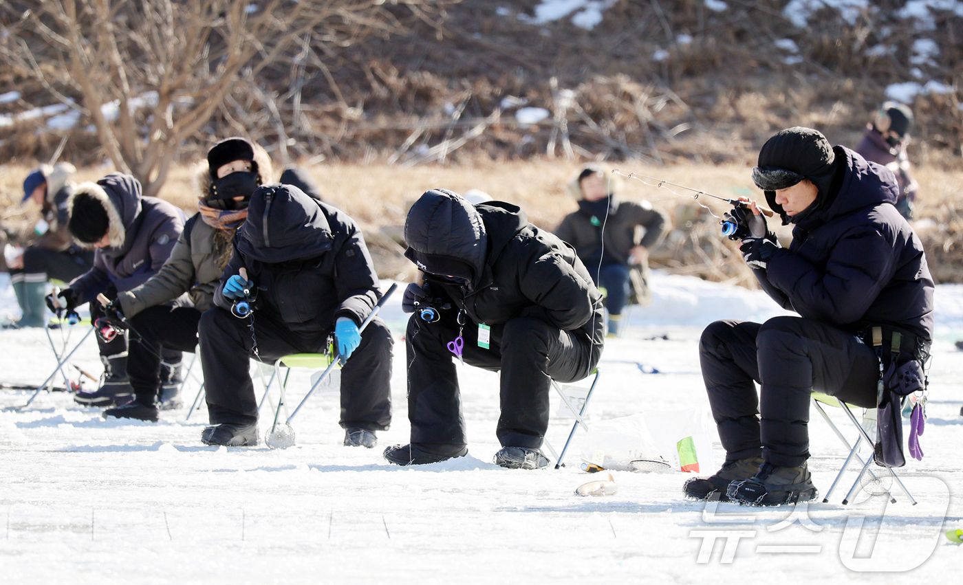 (서울=뉴스1) = 30일 평창 오대천 평창송어축제장에서 열린 평창송어축제 20주년을 기념하는 '평창송어얼음낚시대회'의 참가자들이 낚시에 열중하고 있다. (평창관광문화재단 제공. …