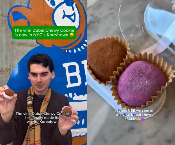 본문 이미지 - 미국 뉴욕(왼쪽)과 캐나다 코퀴틀람에서 '두쫀쿠'를 구매했다는 SNS 후기 영상(SNS 갈무리)