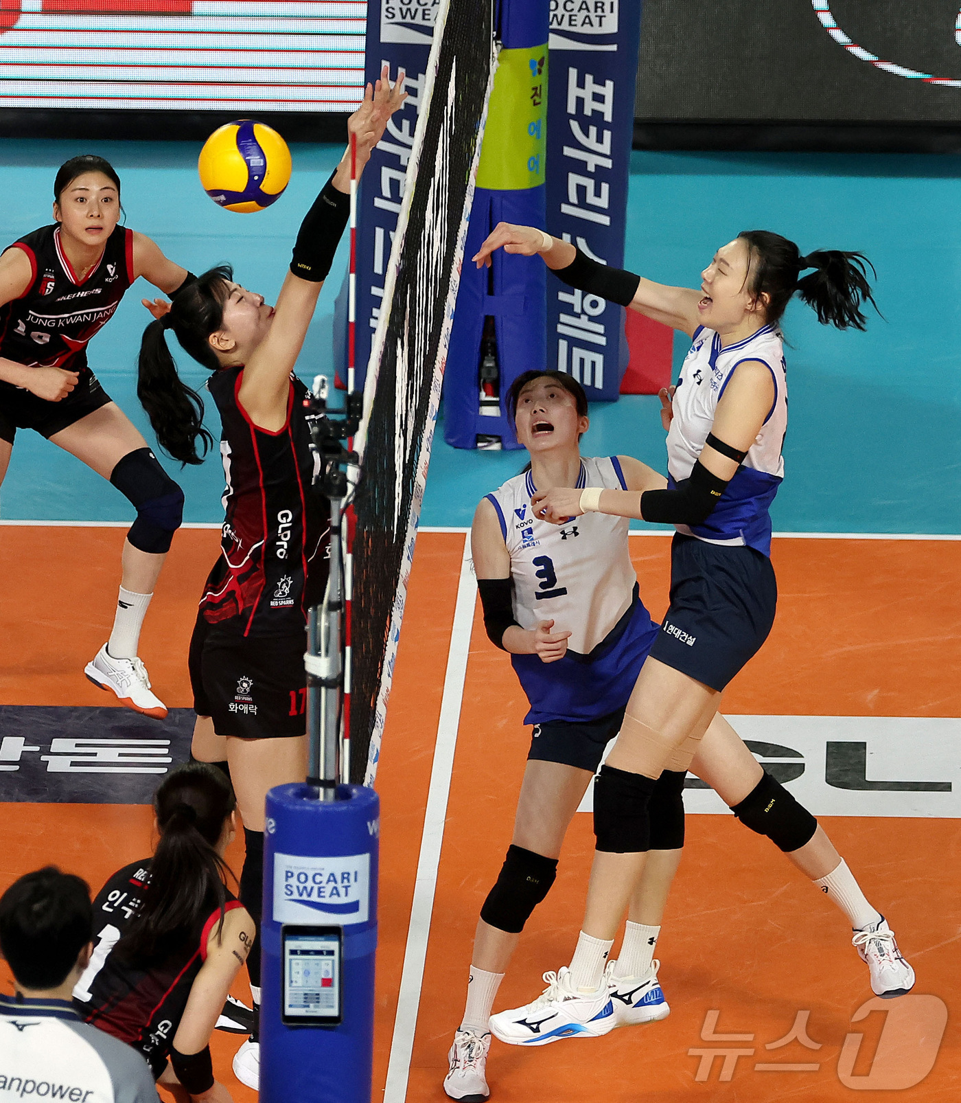 (서울=뉴스1) = 현대건설 양효진이 31일 대전 한밭 충무체육관에서 열린 진에어 2025-2026 V-리그 프로배구대회 현대건설과 정관장과의 경기에서 속공을 하고 있다. (현대건 …