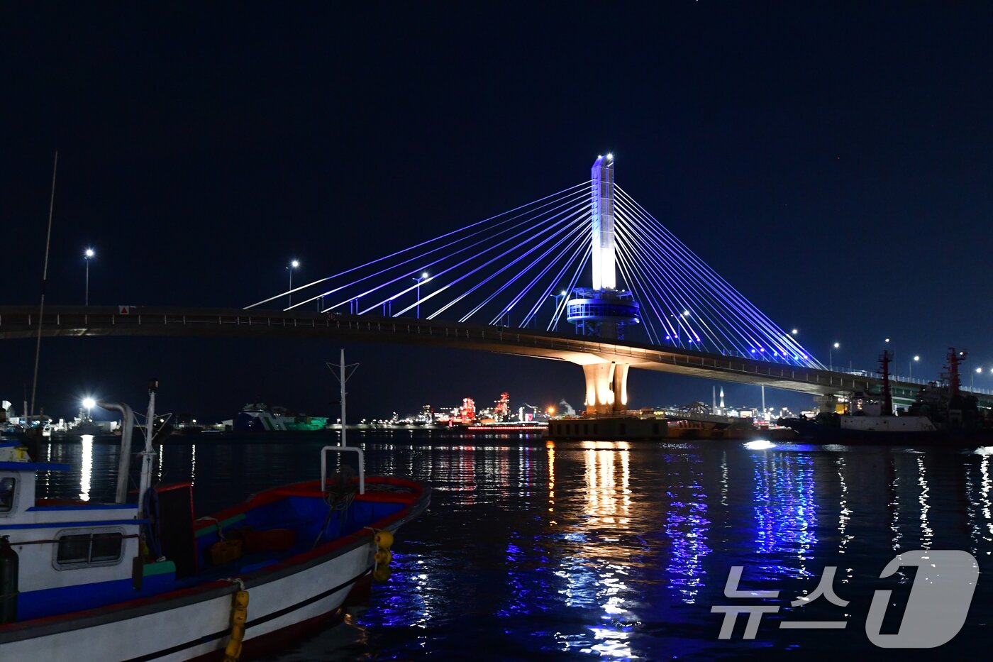 본문 이미지 - 경북 포항시 송도동(송도해수욕장)과 항구동(영일대해수욕장)을 연결하는 해오름대교 임시 개통식이 열린 31일 오후 해오름대교 경관 조명이 밤 바다를 밝히고 있다.. 2026.1.31/뉴스1 ⓒ News1 최창호 기자