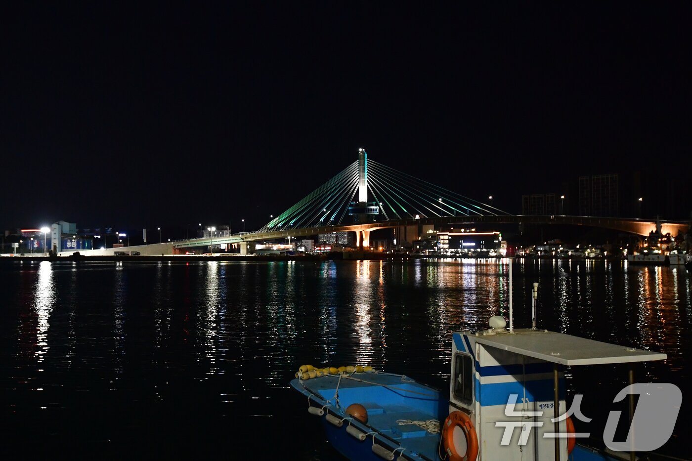 본문 이미지 - 경북 포항시 송도동(송도해수욕장)과 항구동(영일대해수욕장)을 연결하는 해오름대교 임시 개통식이 열린 31일 오후 해오름대교 경관 조명이 동빈내항과 밤 바다를 밝히고 있다.  2026.1.31/뉴스1 ⓒ News1 최창호 기자