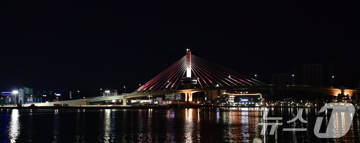 본문 이미지 - 31일 경북 포항시 송도동(송도해수욕장)과 항구동(영일대해수욕장)을 연결하는 해오름대교에 경관 조명이 밤바다를 밝히고 있다.  2026.1.31/뉴스1 ⓒ News1 최창호 기자