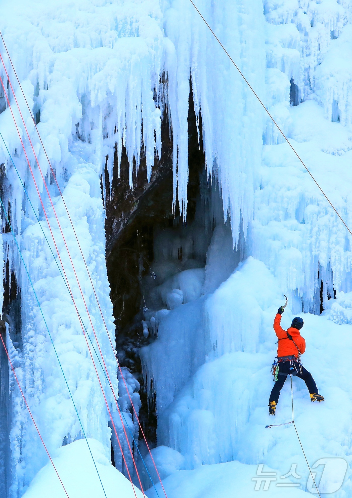 (인제=뉴스1) 한귀섭 기자 = 강원 인제 북면 용대리 매바위 인공폭포가 최근 추워진 날씨로 거대한 빙벽이 만들어진 가운데 4일 전국의 빙벽등반 동호회와 전문가들이 빙벽을 오르고 …