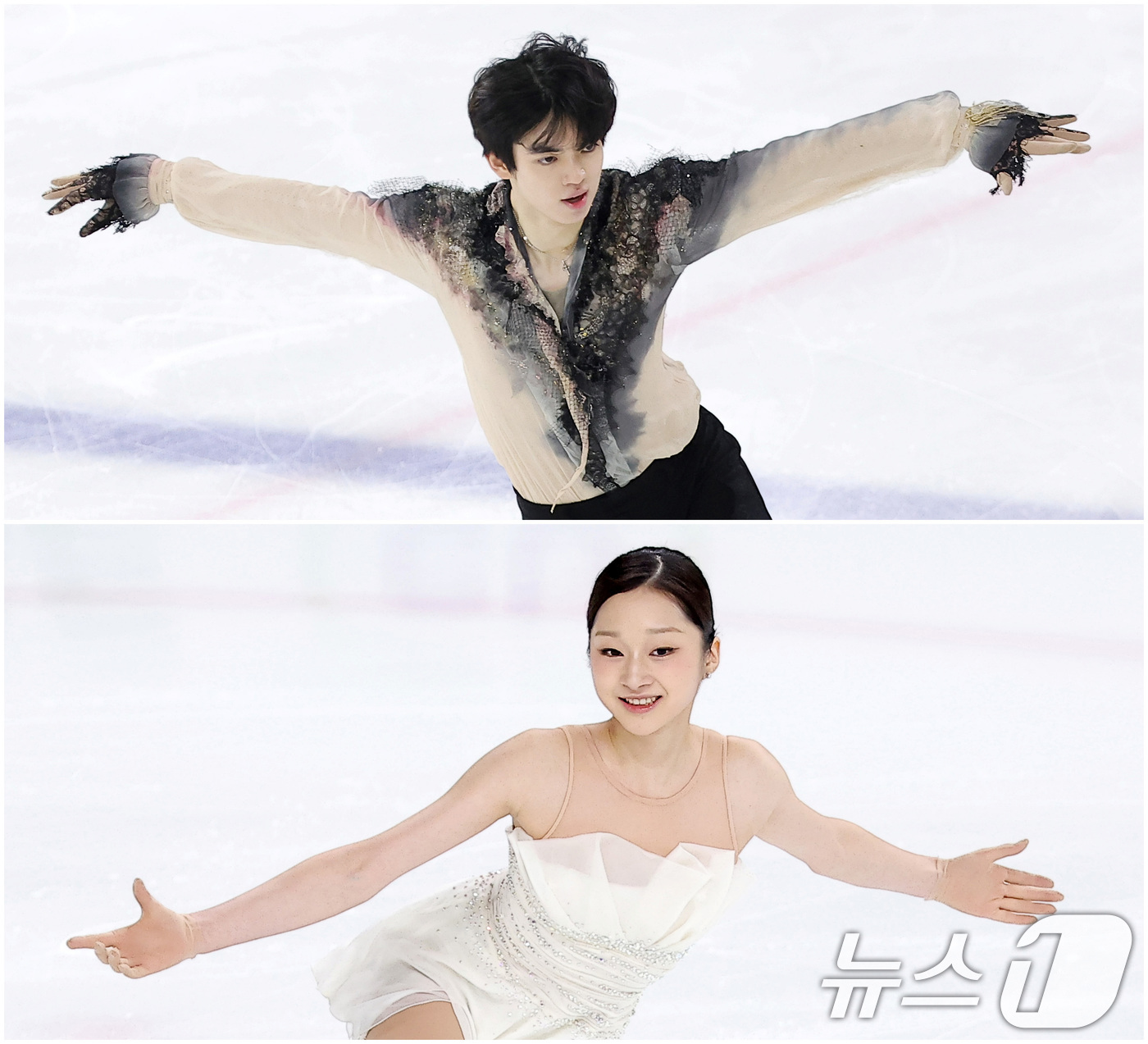 (서울=뉴스1) 김성진 기자 = 피겨스케이팅 선수 차준환(위)과 신지아가 4일 서울 양천구 목동 아이스링크에서 열린 제80회 전국남녀 피겨스케이팅 종합선수권대회 프리 스케이팅에서 …