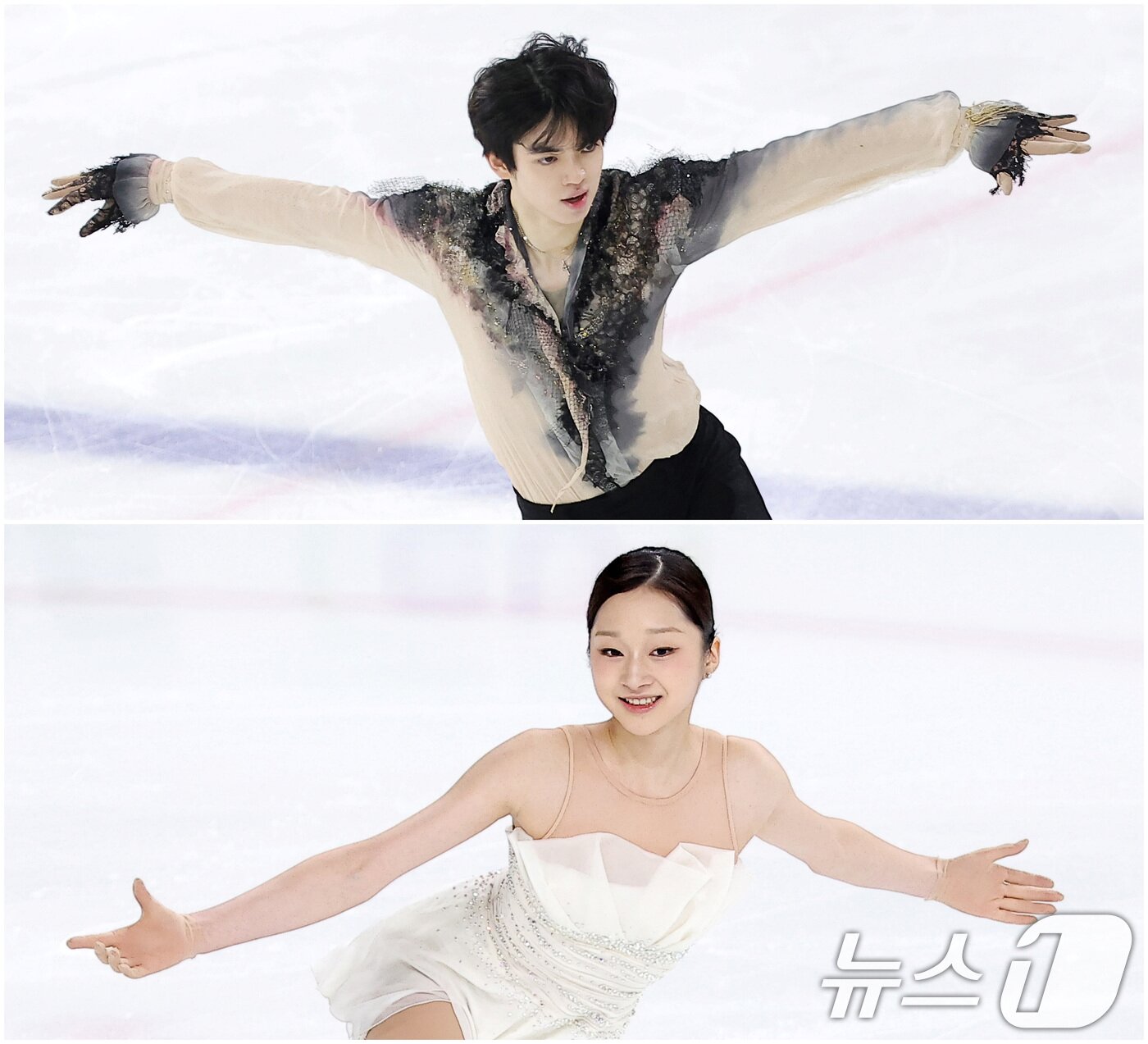 본문 이미지 - 피겨스케이팅 선수 차준환(위)과 신지아가 4일 서울 양천구 목동 아이스링크에서 열린 제80회 전국남녀 피겨스케이팅 종합선수권대회 프리 스케이팅에서 연기를 펼치고 있다. ⓒ News1 김성진 기자