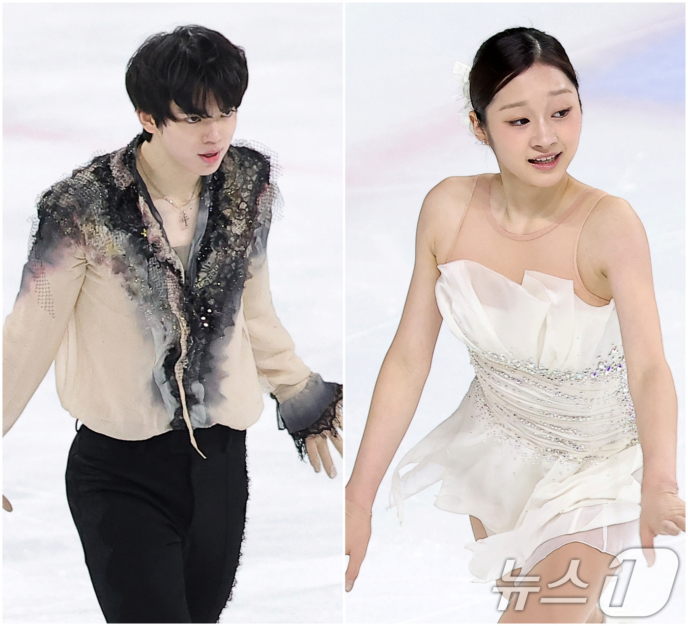 (서울=뉴스1) 김성진 기자 = 피겨스케이팅 선수 차준환(왼쪽)과 신지아가 4일 서울 양천구 목동 아이스링크에서 열린 제80회 전국남녀 피겨스케이팅 종합선수권대회 프리 스케이팅에서 …