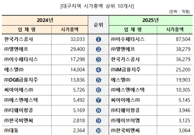 대구 상장법인 시총 1년 새 10.9조 증가…이수페타시스 1위 도약