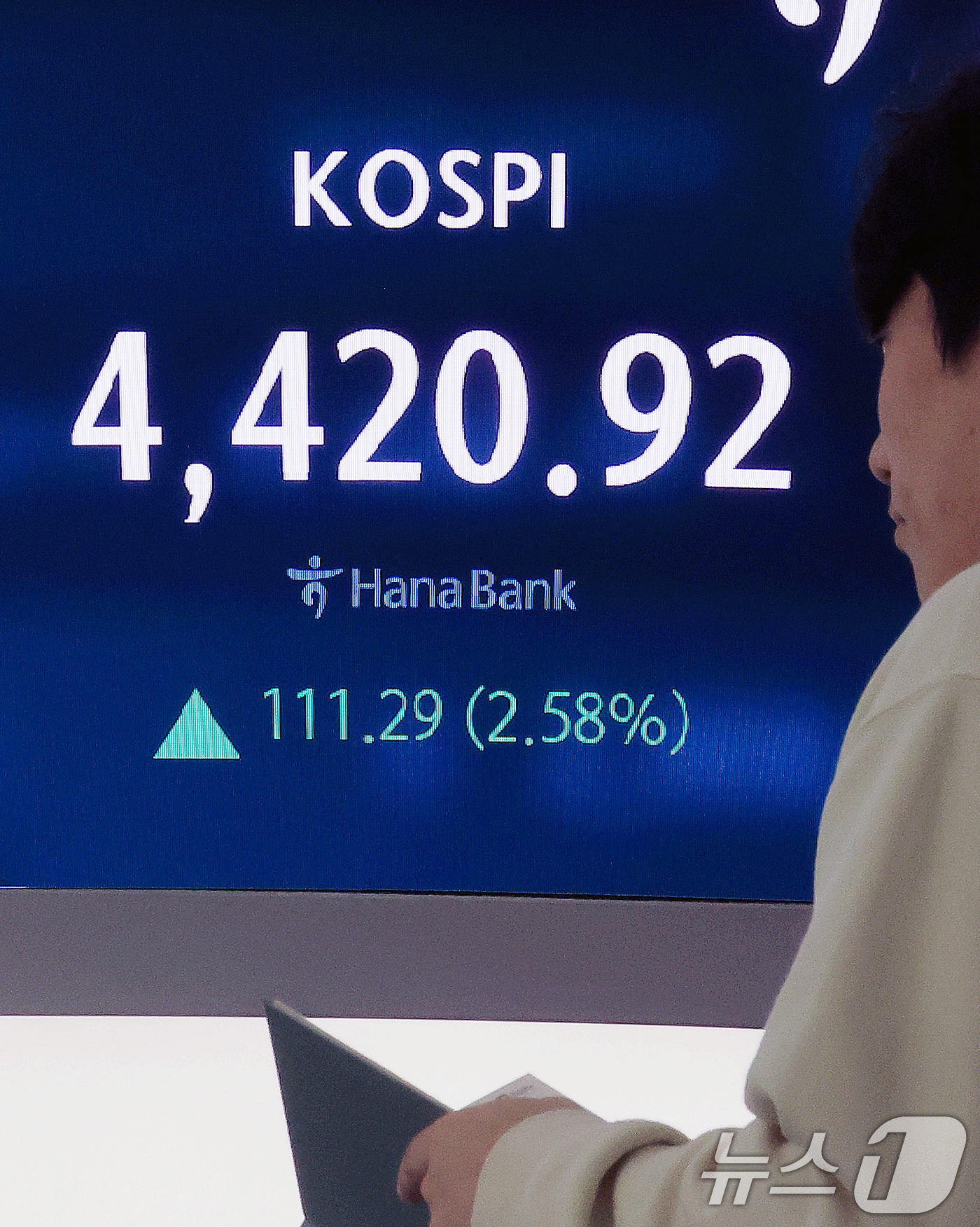 (서울=뉴스1) 이호윤 기자 = 코스피가 새해 첫 거래일에 이어 또 다시 최고치를 돌파하는 5일 서울 중구 하나은행 본점 딜링룸 전광판에 개장 시황이 표시되고 있다. 이날 9시5분 …