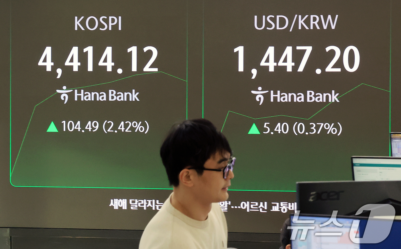 (서울=뉴스1) 이호윤 기자 = 코스피가 새해 첫 거래일에 이어 또 다시 최고치를 돌파하는 5일 서울 중구 하나은행 본점 딜링룸 전광판에 개장 시황이 표시되고 있다. 이날 9시5분 …