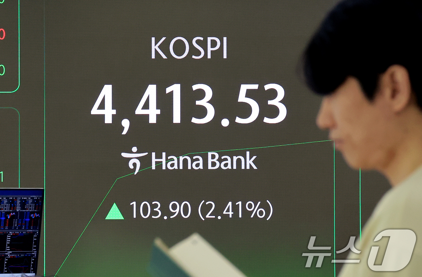 (서울=뉴스1) 이호윤 기자 = 코스피가 새해 첫 거래일에 이어 또 다시 최고치를 돌파하는 5일 서울 중구 하나은행 본점 딜링룸 전광판에 개장 시황이 표시되고 있다. 이날 9시5분 …