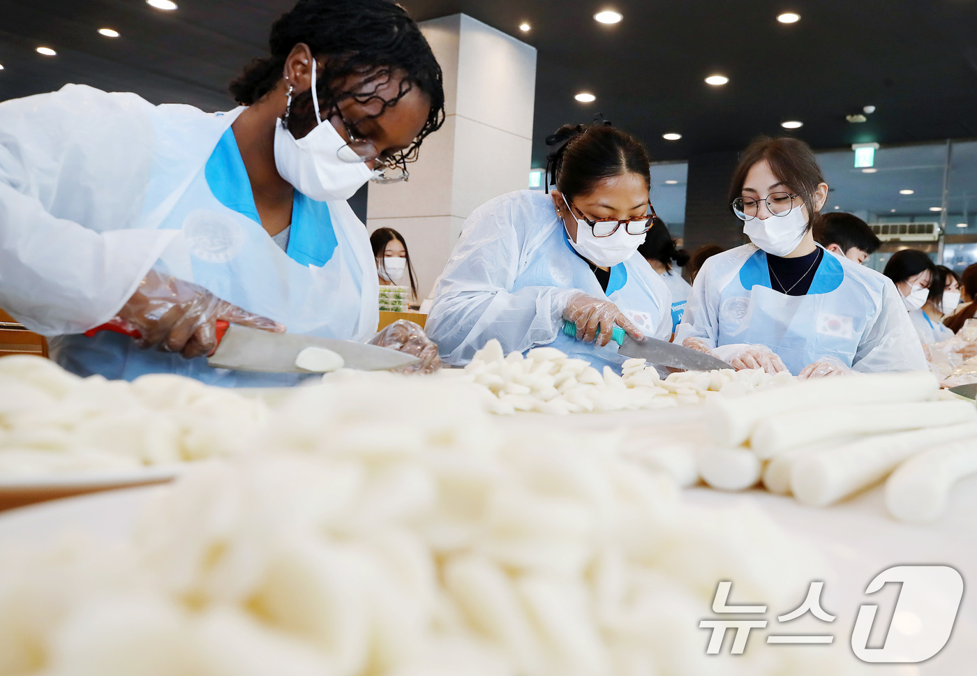 (경산=뉴스1) 공정식 기자 = 5일 오후 영남대 경산캠퍼스 학생회관에서 열린 '제5회 사랑의 떡국 나눔' 행사에 참여한 외국인 유학생들이 가래떡을 썰고 있다.새해를 맞아 영남대 …