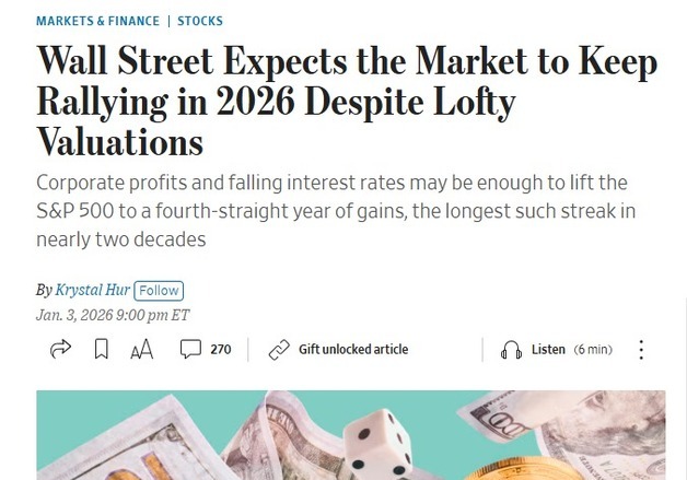 “미증시 닷컴 때보다 고평가됐지만 올해도 랠리할 것”-WSJ