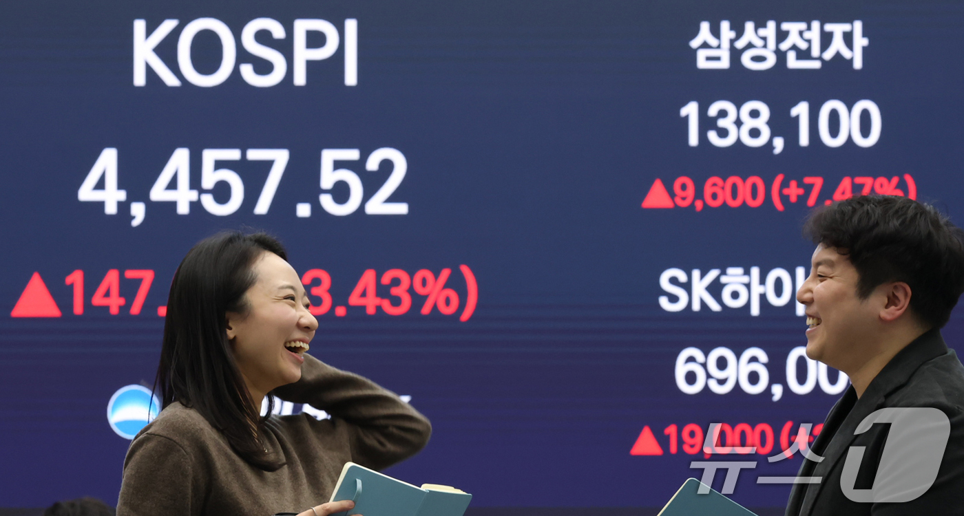 (서울=뉴스1) 오대일 기자 = 코스피가 국내 반도체 대장주 삼성전자·SK하이닉스의 강세에 힘입어 사상 최고치 기록을 갈아치운 5일 오후 서울 중구 우리은행 본점 딜링룸 전광판에 …